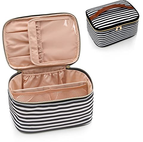 Make-up-Tasche, Tragbare Kosmetische Tasche, Reise-Make-up-Fall-Organisator der großen Kapazität, Schwarz für Frauen-Toilettentasche für Mädchen, die mit Griff und Teiler Reisen (Streifen)
