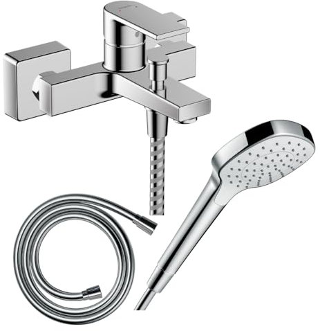 Hansgrohe Pack mitigeur Bain Douche mécanique Vernis Shape C2 + Flexible Isiflex + Pommeau Croma Select E EcoSmart Blanc/chromé