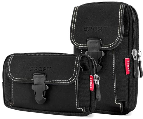 2 Pezzi Porta Cellulare da Cintura,Borsello Porta Cellulare in Tela Uomo,Marsupio Tattico Multifunzionale con Moschettone,Marsupio Cintura Portatile per Sport, Outdoor, Campeggio, Viaggi(Nero)