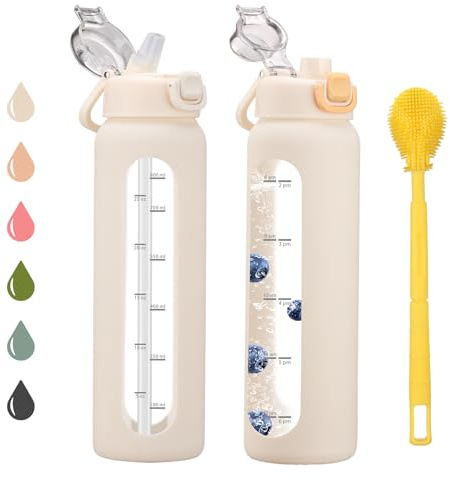 chunmo Bouteille d'eau en verre de 950 ml avec 2 couvercles, couvercle à bec verseur et couvercle à paille, bouteille d'eau motivante en borosilicate de 1 litre avec marqueur de temps et manchon en