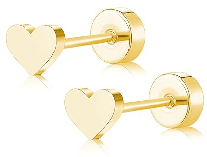 Artskin Women Flat Back Ball Stud Earrings Titanium Hypoallergenic Girls Earrings Studs for Sensitive Ears Simple Classic 5mm Flat Stud Earrings for Helix Tragus Cartilage (Heart - Gold)