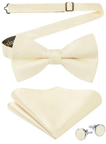 Enlision Fliege Beige Herren Einfarbig Vorgebundene Fliegen und Einstecktuch mit Manschettenknöpfe Set Einstellbar Fliege mit Haken für Hochzeit Party