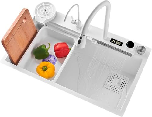 ZHENCHAO Fregadero de Cocina con Pantalla Digital, Fregadero Individual Grande Blanco con Grifo de Cascada, Nano Fregadero de Acero Inoxidable 304
