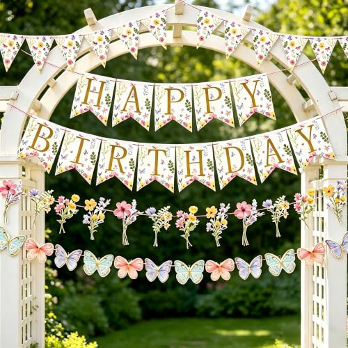 Homarkable Flower Birthday Decorations,Floral Birthday Banners,with Flower Bouquet Garland, Party Decorations for Girls Women