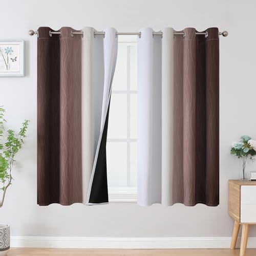 VEHEDE Verdunkelungsvorhänge, 137 cm lang für kleines Wohnzimmerfenster, Ombré-Wellenmuster, bedruckt, wärmeisoliert, Kinderzimmer-Vorhänge, B 132 x L 137 cm, Braun und Grauweiß, 2 Vorhänge