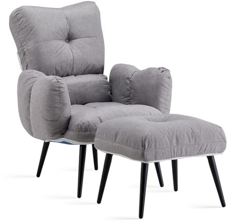 TUKAILAI Relaxsessel mit Liegefunktion, Sessel mit Hocker, Fernsehsessel mit Kopfstütze,Metallbeinen, Verstellbar Ohrensessel, Lesesessel bequem für Wohnzimmer Schlafzimmer Lounge, Leinen Grau