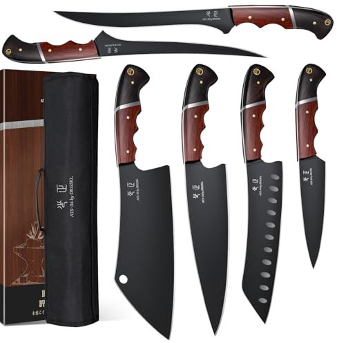 DRGSKL Kitchen Knife Set with Bag - 6 PCS Chef Knives Set - Cleaver, Boning, Fillet, Santoku, Kitchent Utility Knives, Chef Knife with Full Tang Wooden Handle, Gifts for Mom