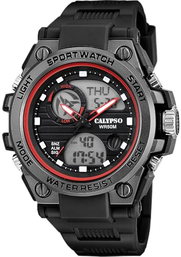 Calypso Uhr Digital Herren Analog aus Kautschuk Schwarz | Wasserdicht 5 ATM Datum und Kalender, Chronograph, Zwei Zeitzonen, Beleuchtung, Alarm, 12 und 24 Stunden K5875/4 Street Style