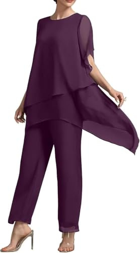 Goolecrimp Completo da sera da Donna in chiffon da 2 pezzi per la madre della sposa elegante camicia in chiffon e pantaloni a vita alta due pezzi taglie forti