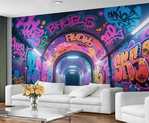 GIVLWF Graffiti Tapete Wandbilder, Neon Graffiti Schlafzimmer Tapete, Street Art Wandpapier für Wohnzimmer, nicht selbstklebende Tapete, Hip Hop großes Wandbild & Raumdekor 350 x 250 cm