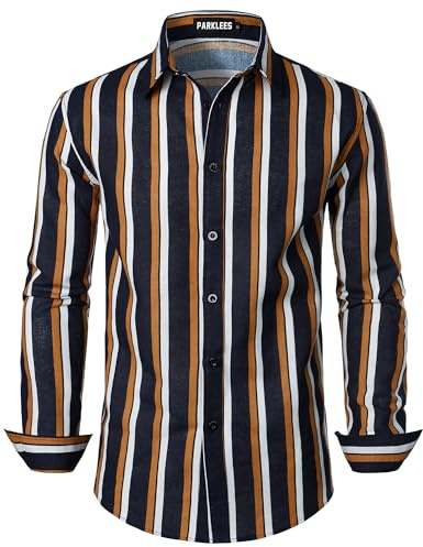 PARKLEES Men's Cotton Linen 70s Disco Retro Traditional Pattern Printed Long Sleeve Button Down Shirt