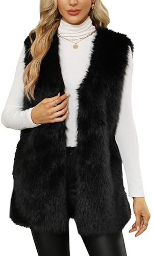 FEOYA Gilet Fourrure Femmes Gilet éLéGant Polaire Teddy Fausse Veste Peluche Sans Manches Veste D'Hiver Fourrure Cardigan Duveteux Noir L