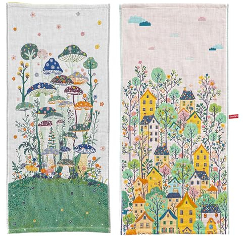 HOORDRY Tea Towels Set, Large Thick Kitchen Dish Towels with Hanging Loop | 100% Cotton Hand Towels Super Absorbent 2 Pack for Everyday Use,76X38CM, - Sage Green Mushroom Castle
