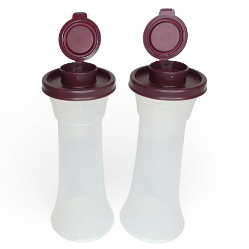 Tupperware Large Hourglass Salt and Pepper Shakers Clear Containers with Dark Vineyard Seals