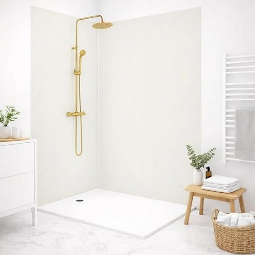 99 Déco Panneaux Muraux de Douche PVC 3mm, Pierre Claire Blanc, 90x220cm et 120x220cm avec Profilés, Installation par Collage