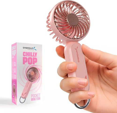 SABRENT ChillyPop Portable Handheld Mini Fan, USB-C Rechargeable, 3 Speed | USB-C rechargeable handheld fan | 8H battery | Quiet | Travel, Office, Camping | Metal hanger for hands-free use HF-M2WH-GRY