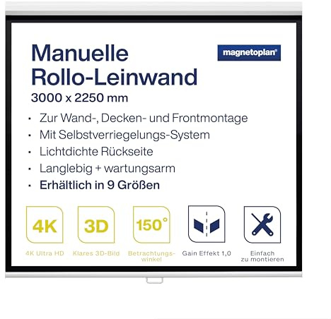 magnetoplan Ultraflexible Rollo-Leinwand 147 | 300x225 cm, 4:3 | transportable 4K, Full-HD Beamer-Leinwand zur Wand-, Decken,- u. Frontmontage | Inkl. Federmechanismus für gleichmäßiges Ausrollen