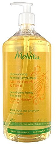 Melvita, Extra-sanftes Familienshampoo für brüchiges Haar, 99% natürliche Formel, silikonfrei, ideal für häufige Anwendung, schonend für die Kopfhaut, 1 Liter