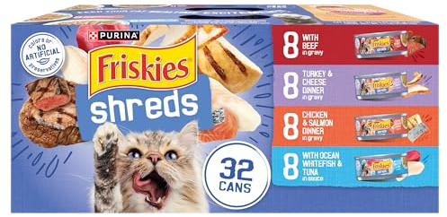 Purina Friskies Gravy Wet Cat Food Variety Pack, Savory Shreds With Beef, Turkey and Cheese Dinner, Chicken and Salmon Dinner, With Ocean Whitefish and Tuna - (Pack of 32) 5.5 oz. Cans