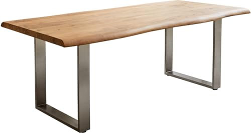 DELIFE Esszimmertisch Edge Akazie Natur 200x100 XL Edelstahl Schmal Live-Edge