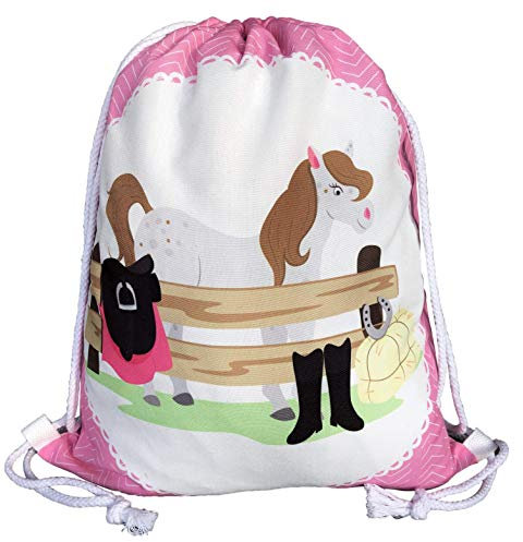 HECKBO Pferde Mädchen Turnbeutel - Pferd Bauernhof (beidseitig) - 40x32cm - Sport, Schule, Freizeit, Kindergarten, Krippe, Urlaub, Reitunterricht