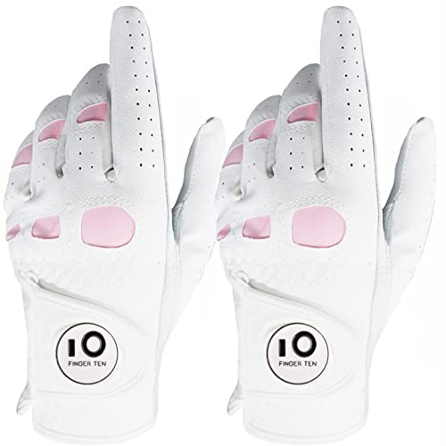 FINGER TEN Gants De Golf Femme Main Gauche Droite en Cuir Cabretta Marqueur De Balle, Gant Durable Confortable Doux Taille S M L XL