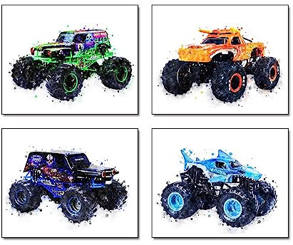 Aquarell-Kunstdruck, Motiv: Monster-Truck, 4er-Set (20,3 x 25,4 cm) für Kinder, Jungen, Kinderzimmer, Schlafzimmer, Wandkunst, Dekor-Poster für Jungen, Geburtstagsgeschenk, kein Rahmen, 8 x
