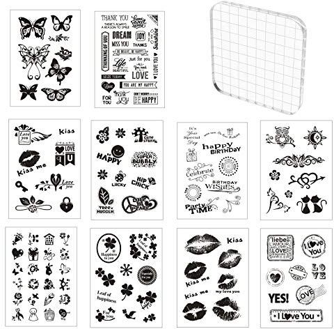 Scrapbooking Silikonstempel Set 10 Blätter Stempel Clear Set Seal Stamps Transparent Clearstempel Silikon Clear Stamp mit 1 Acryl Stempelblock 10x10cm für DIY Scrapbooking Dekorative Wiederverwendbar