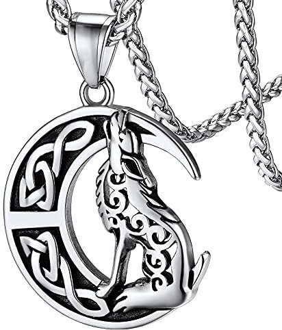 FaithHeart Edelstahl heulender wolf auf Mond Anhänger Punk Nordischer Stil Wolf Kette mit Geschenekbox für Valentinstag Vatertag Geburtstag