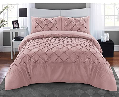 Pintuck Pink Duvet Cover Set 3 Pieces Pinch Pleat Microfiber Bedding Covers Hotel Quality Quilt Bed Sets with Pillowcases Double King Super King Size