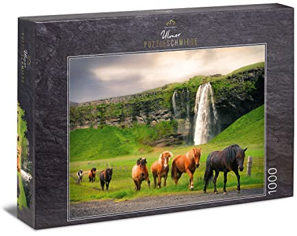 Ulmer Puzzleschmiede - Puzzle Isländer - Klassisches 1000-Teile Puzzle mit Pferden & Landschaft - Herde Island-Pferde am Wasserfall Seljalandsfoss - Made in Germany