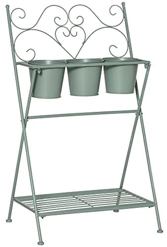 Outsunny Étagère à Fleurs 2 Niveaux Style Rural Chic - Pliable - 3 Pots de Fleurs Inclus, étagère - métal époxy anticorrosion Vert d'eau