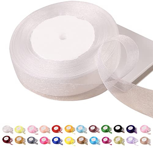 POPOYU Chiffonband Weiß, 20mmx45m Organzaband Weiss Schleifenband Hochzeit Geschenkband Tüllband Transparent Satinband für Weihnachten Taufe Geburtstag