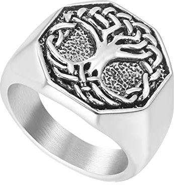 TQWSVUM Yggdrasil Ring Aus Edelstahl Für Herren, Nordic Viking Baum Des Lebens Kelten Knotenring, Vintage Classic Octagon Signet Biker Ring Weihnachts Eheringe Schmuck(Silver,13)