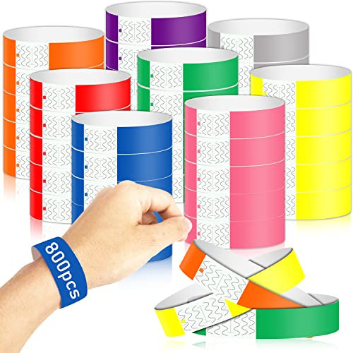 800 Pack Paper Wristbands for Events Neon Wrist Bands,Colored Wristbands Waterproof Hand Bands for Party Club Lightweight Concert Adhesive Wristbands