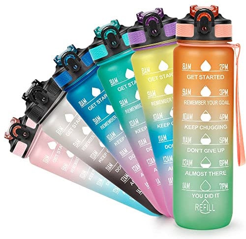 YC Kitchen Bouteille d'eau de Motivation de 1 Litre avec Marqueur de Temps, Gourde Sport 1L Sans BPA étanches avec Paille et Sangle de Transport