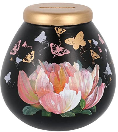Pot of Dreams Lux Noir Lotus Flower & Multicolour Butterfly Save And Smash Handcrafted Black Ceramic Money Box Piggy Bank | Perfect Decorative Gift for Centrepiece living room & Bedroom