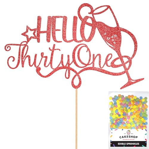 Personalised Champagne/Prosecco Flutes Glitter Cake Topper - Red Custom Age Glitter Cake Decoration and Sprinkles - Happy Birthday Decorations - Personalised Toppers for Cakes by Cakeshop