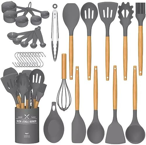 The Epicurean Cook 34 Pcs Non-Stick Silikon Kochutensilien Set mit Halter Stabile Isolierung Holzgriff Hitzebeständigkeit Silikon Spatel Löffel Küche Gadgets Utensilien Set (Grau)