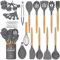 The Epicurean Cook 34 Pcs Non-Stick Silikon Kochutensilien Set mit Halter Stabile Isolierung Holzgriff Hitzebeständigkeit Silikon Spatel Löffel Küche Gadgets Utensilien Set (Grau)