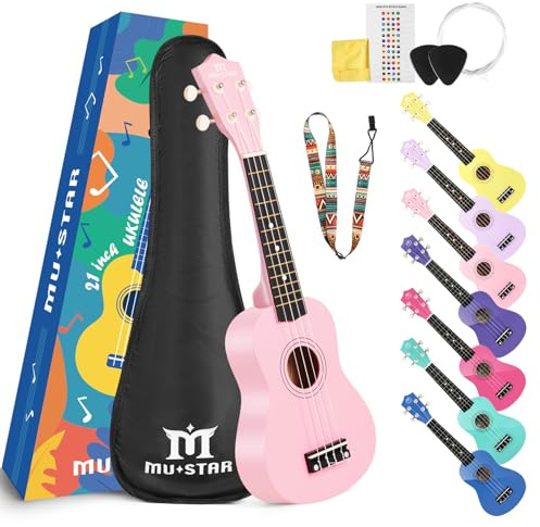 Mustar MU-1700 - Ukulele soprano per bambini, per principianti, 53,3 cm, per bambini, per compleanni, vacanze, custodia, accordatore digitale, tracolla, plettri, kit tutto in uno (rosa chiaro, MU-1700