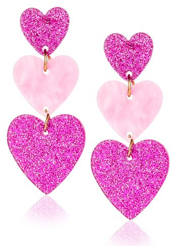 Amaxiu Orecchini pendenti a forma di cuore rosa, con triplo cuore, graziosi orecchini pendenti a forma di cuore, per donne e ragazze, Acciaio inossidabile