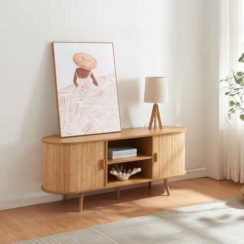 [en.casa] Kommode Nordkapp Sideboard mit 2 Schiebetüren Bambus Kommodenschrank mit Stauraum Wohnzimmerschrank Holzfüße 140 x 40 x 56 cm