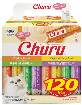 INABA Churu Cat Treats, Lickable, Squeezable Creamy Purée with Vitamin E, 0.5 Ounces per Tube, 120 Tubes Total, Chicken Variety