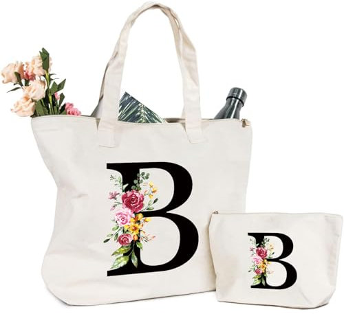 Tragetasche und Kosmetiktasche mit Initial, Canvas Einkaufstasche mit Reißverschluss, Personalisiert Initialen Baumwolltasche Geschenk für Freundin Frau Mama Schwester Geburtstag Hochzeit Muttertag B