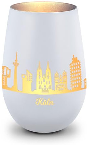 GRAVURZEILE Deko Windlicht aus Glas mit Gravur - Skyline Köln - Hochwertige 360° Lasergravur - Dekoratives Geschenk als Andenken, Souvenir oder für Sammler zum Geburtstag - Farbe: Weiß/Silber
