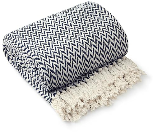 Emma Barclay Throw Blanket For Sofas Bed Extra Large Recycled Cotton Throws For Settees In Navy Throw Scandi Woven Blankets - Cherokee Collection 70 x 100 (178cm x 254cm) Navy