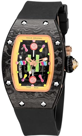 FEICE Automatische Damen-Armbanduhr, modisch, Skelett, mechanische Uhr mit Kohlefaser-Armband, wasserdichte Armbanduhr für Damen, FM606, Schwarz