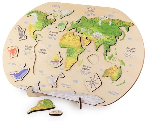 Vemkel Kontinente Weltkarte Holzpuzzle für Kinder ab 3 + 4 5 6 7 Jahren, 3D-Holzweltkarte, Lernen und Bildung, Vorschulspielzeug, Geographie für Kinder