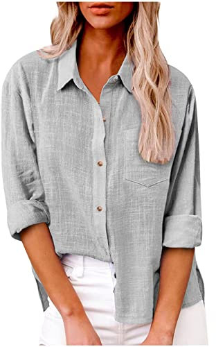Damen Hemd Aus Baumwolle Und Leinen - Lange Bluse, Button Down 2024 Lässig Langärmelig Unifarben Gemustert Tasche Locker Workwear Tops, Grau, XL